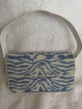 Blue and Cream Zebra Patterned Beaded Shoulder Bag